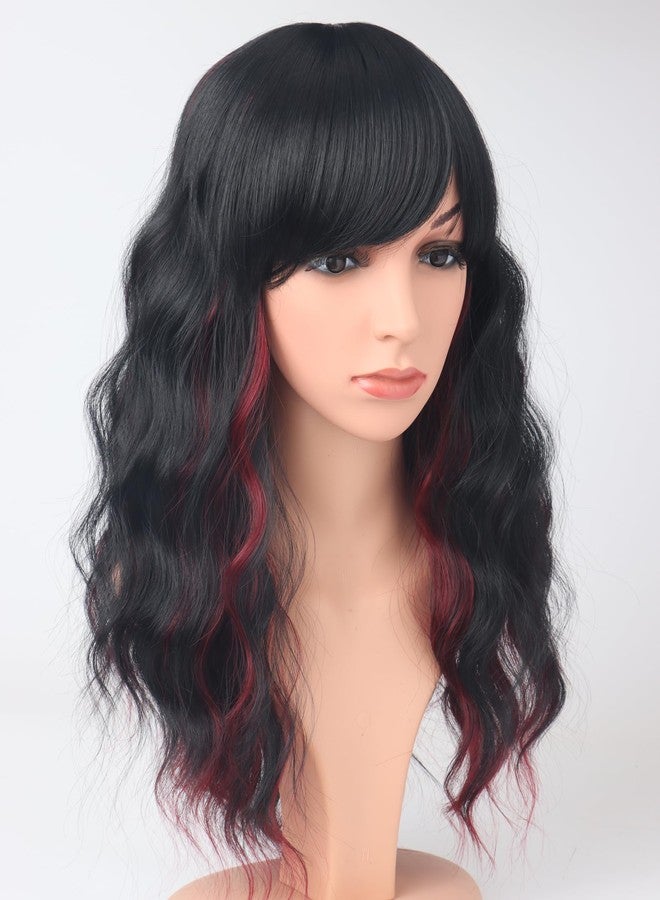 SYMEIW Burdundy-Black Hair Wavy Wigs With Bangs For Women Synthetic Black Hair With Red Undertones Wigs For Daily Use Everyday Wear. - Image 4